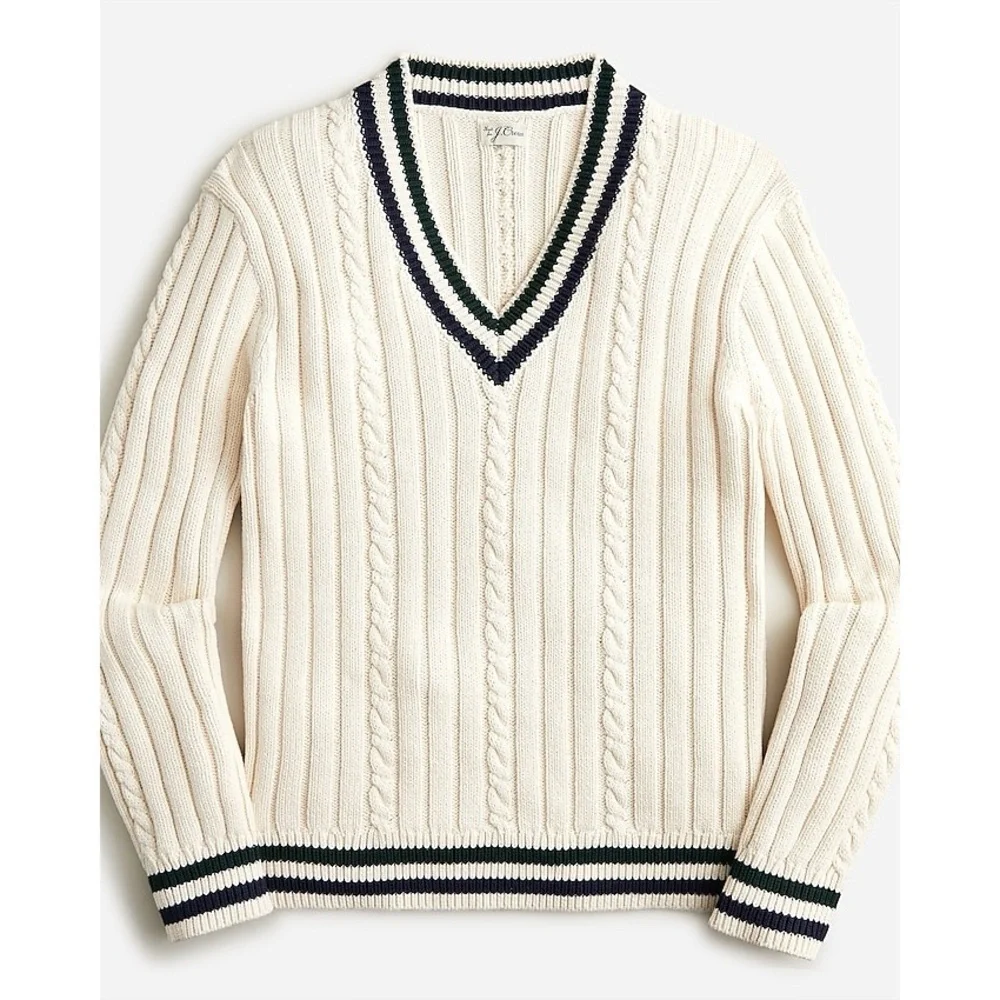 J. Crew Cream Cable-Knit V-Neck Sweater with Navy & Forest Stripes